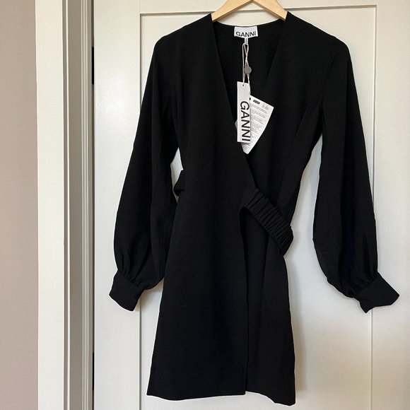 Ganni NWT Crepe Black wrap dress Size 36 US Small - Picture 8 of 11